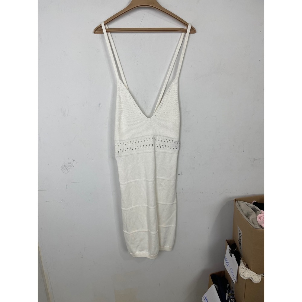 H&M Divided White Cotton Knit Mini Dress Pointelle V-Neck XL NWT 1065966